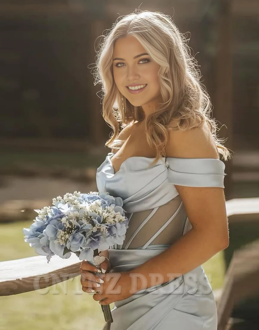 Wholesa Mermaid Off the Shoulder Corset Ruched Satin Long formal dresses Bridesmaid Dresses evening gown Prom Dress with Slit