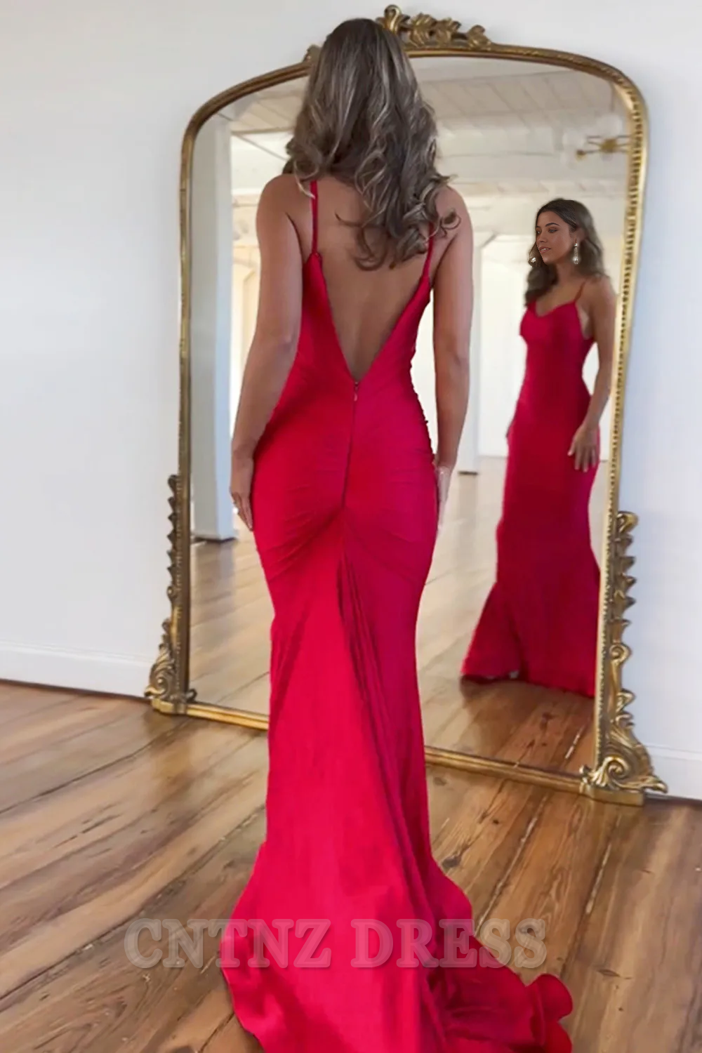Wholesa Mermaid Simple Spaghetti Straps Backless Red Long Satin formal dresses evening gown Prom Dress