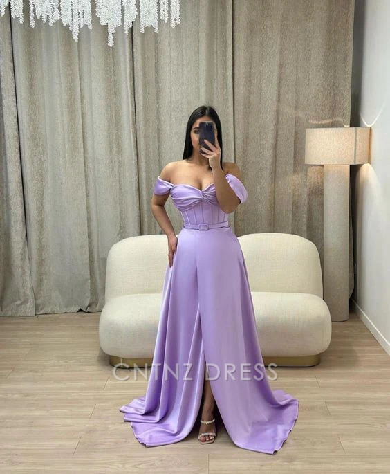 Wholesa A-line Off The Shoulder Purple formal dresses Bridesmaid Dresses evening gown Prom Dress
