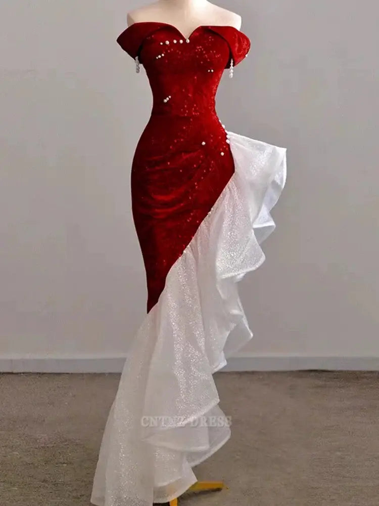 Wholesa Sheath Off The Shoulder Sequin Red formal dresses Bridesmaid Dresses evening gown Prom Dress