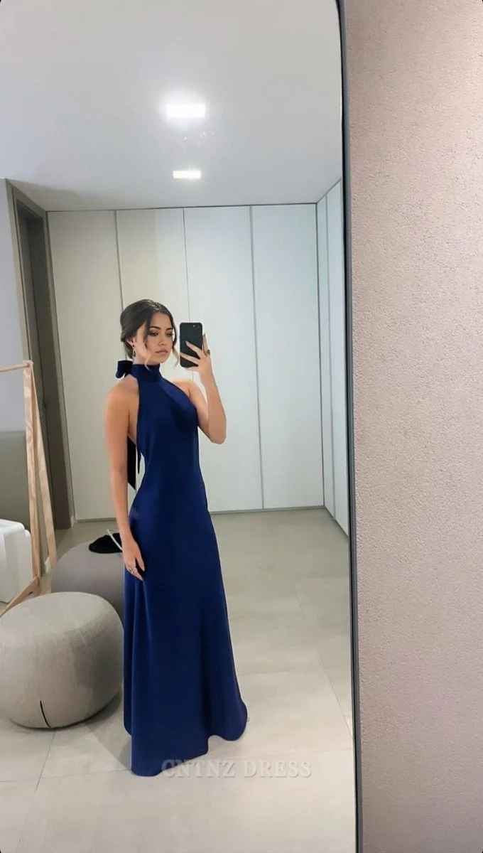Wholesa A line High Neckline Satin Navy Blue Long formal dresses Bridesmaid Dresses evening gown Prom Dress