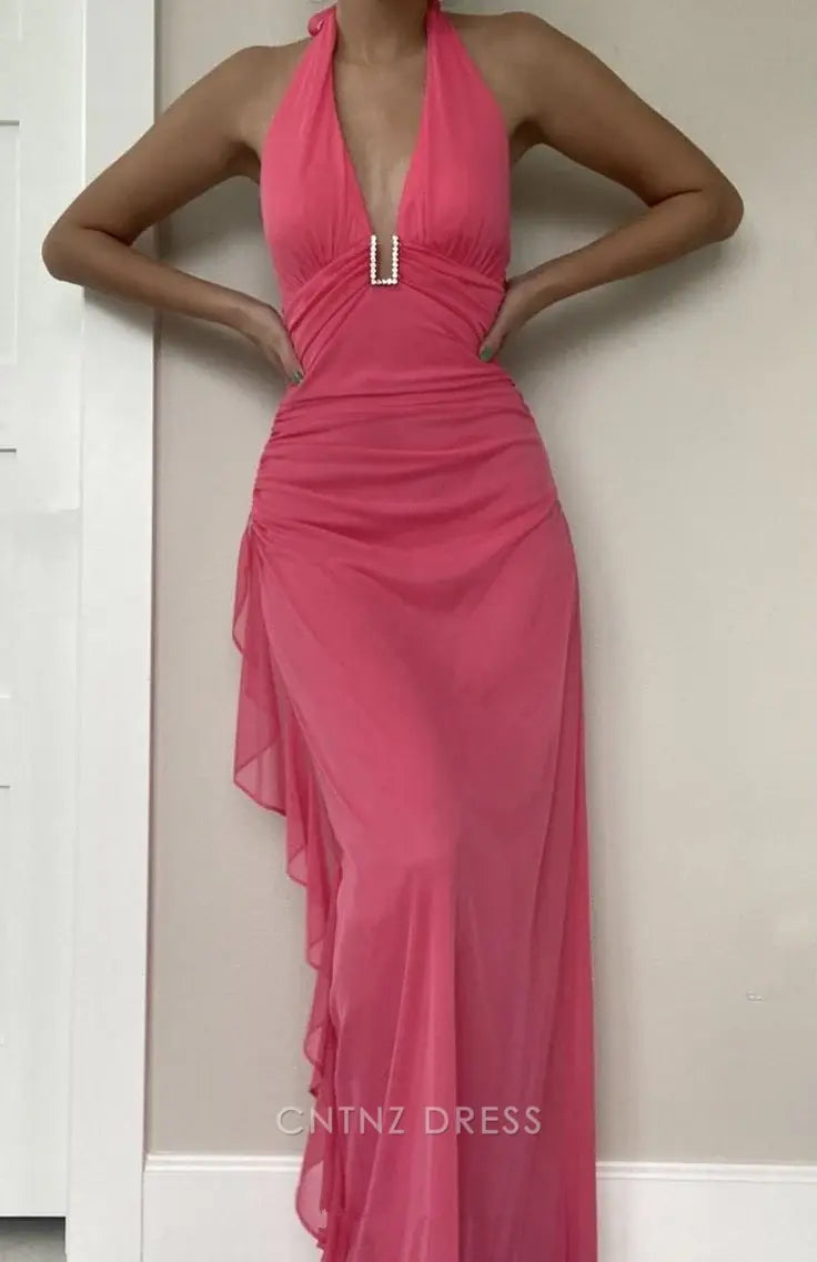 Wholesa Sheath V Neck Charming Pink Chiffon Ruffles formal dresses Bridesmaid Dresses evening gown Prom Dress