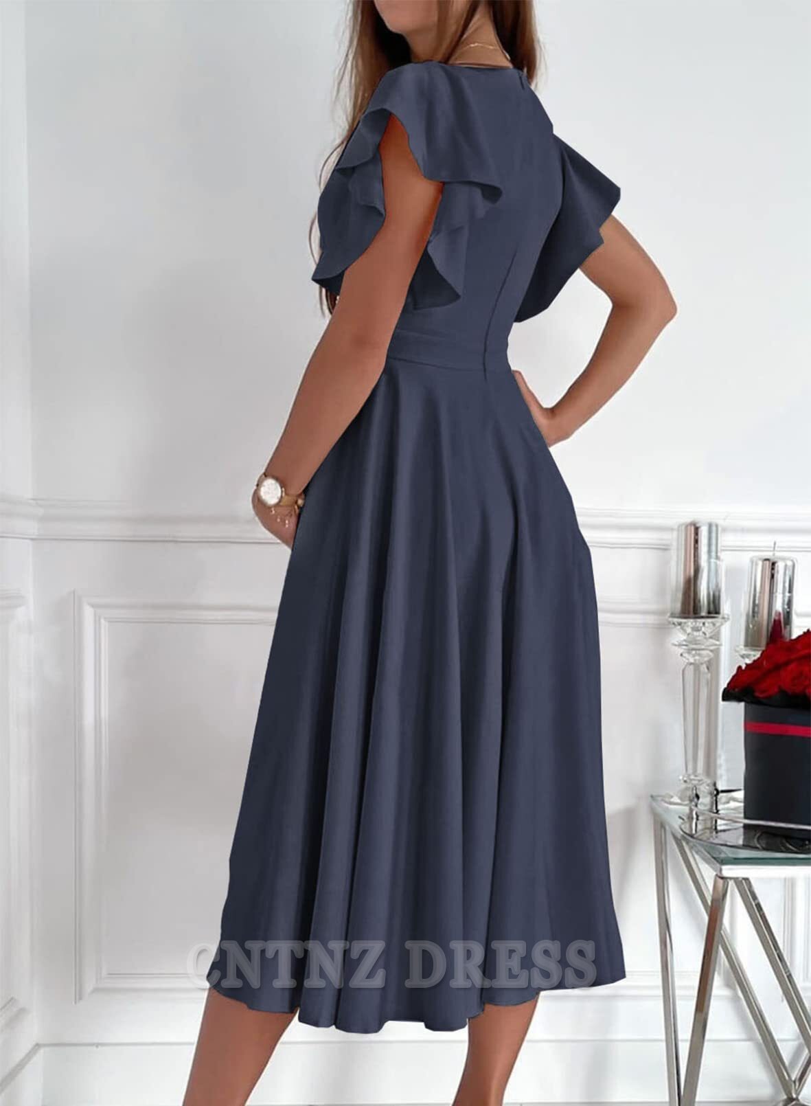 Wholesa Elegant V Neck Short Sleeve formal dresses Bridesmaid Dresses evening gown Prom Dress