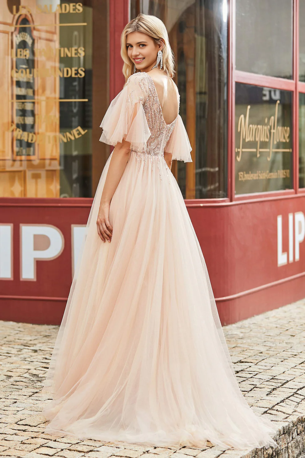 Charming A-Line V Neck Flutter Sleeves Beaded Backless Tulle Long Party Dress Hot Sale Prom Dresses