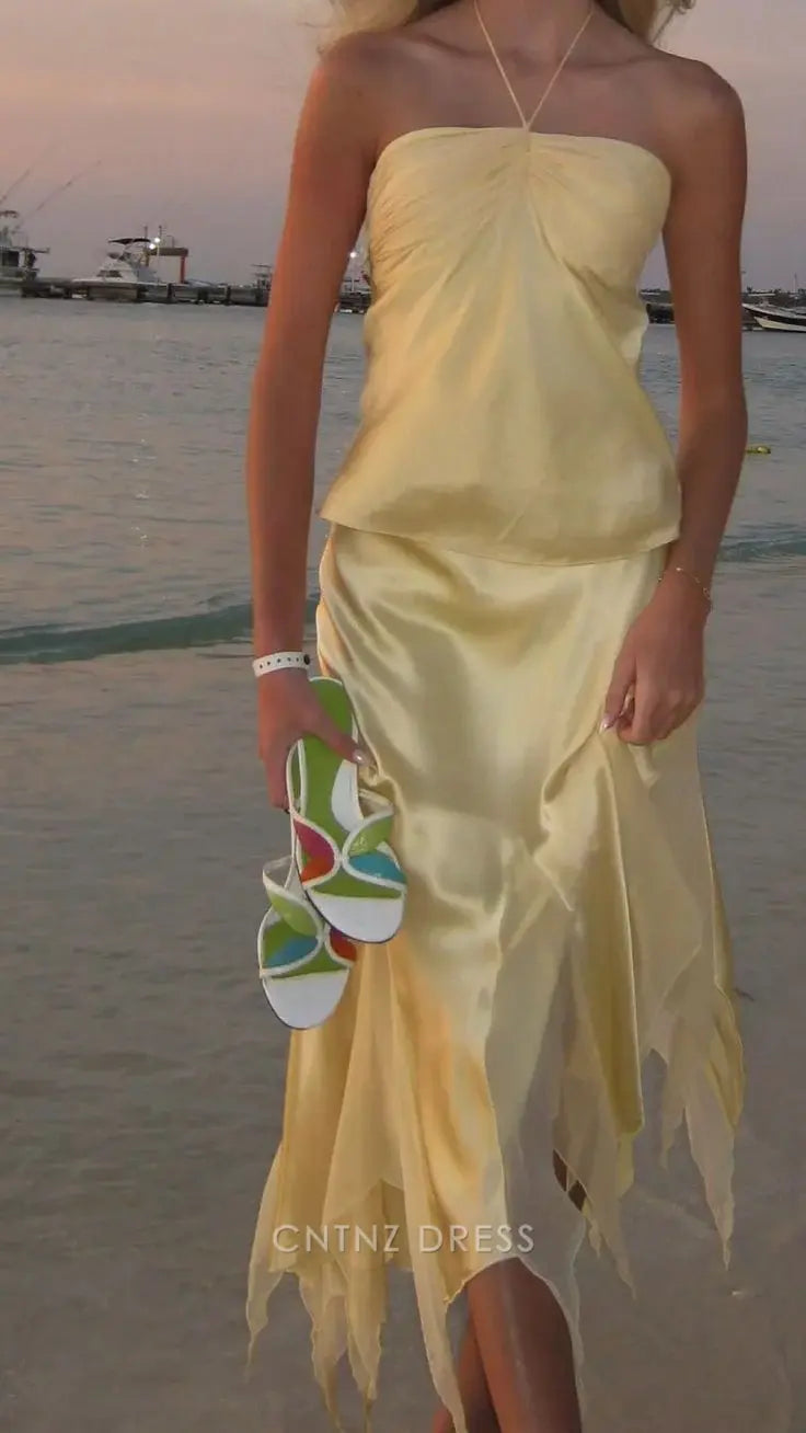 Wholesa Two Piece Elegant Yellow formal dresses Bridesmaid Dresses evening gown Prom Dress