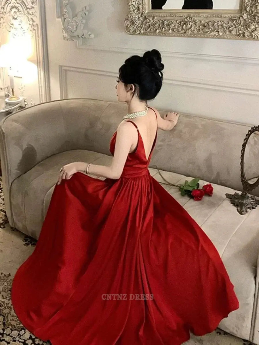 Wholesa A Line Spaghetti Straps Red Ankle Length formal dresses Bridesmaid Dresses evening gown Prom Dress