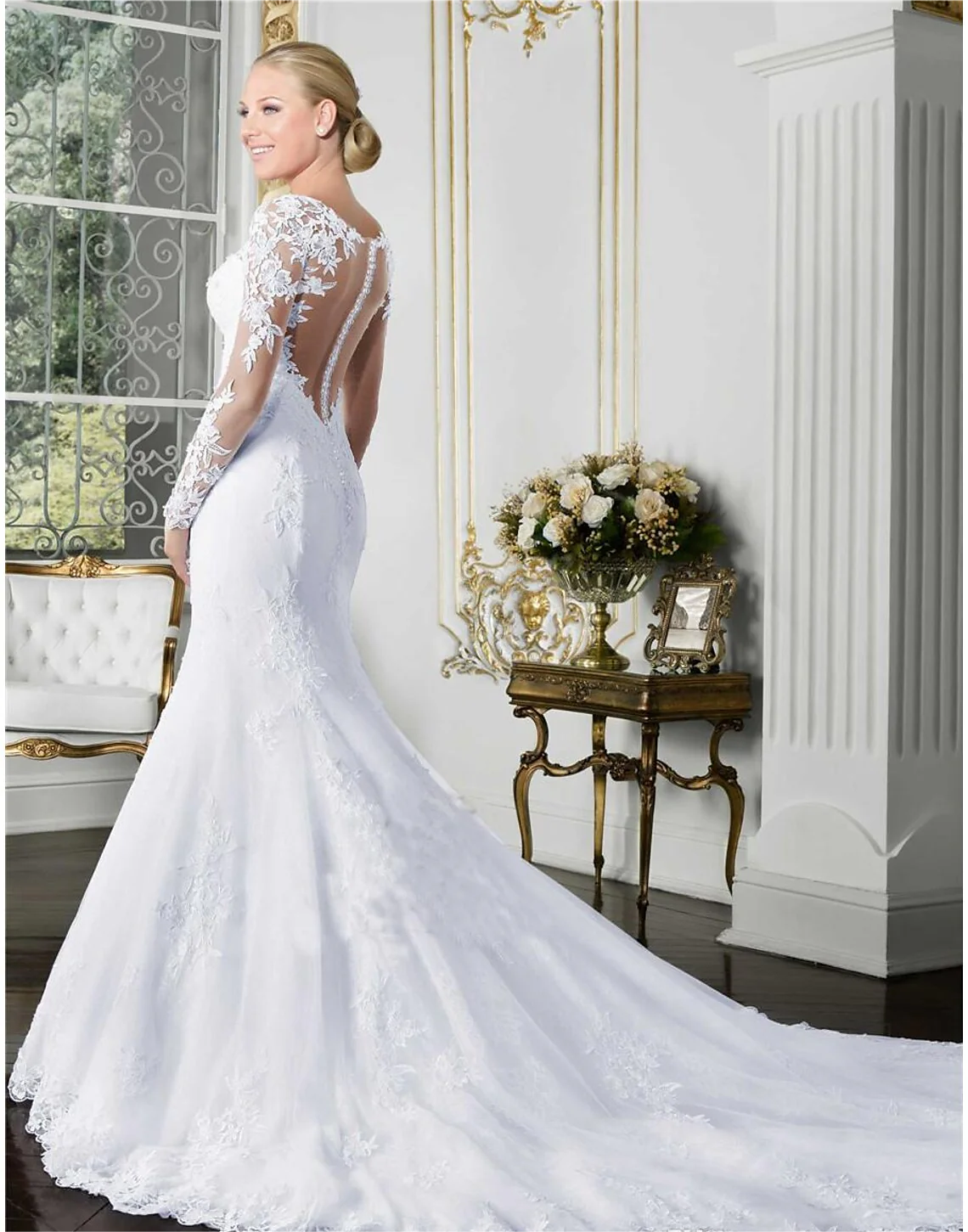 wholesale  Engagement Formal Fall Wedding Dresses Mermaid / Trumpet Illusion Neck Long Sleeve Court Train Lace Bridal Gowns