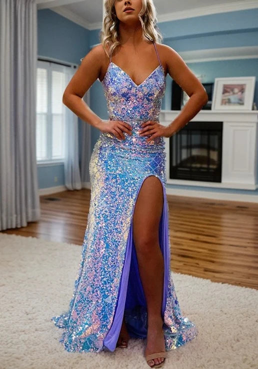 Wholesa Mermaid Spaghetti Straps V-Neck Sleeveless Floor-Length Long Prom Dresses
