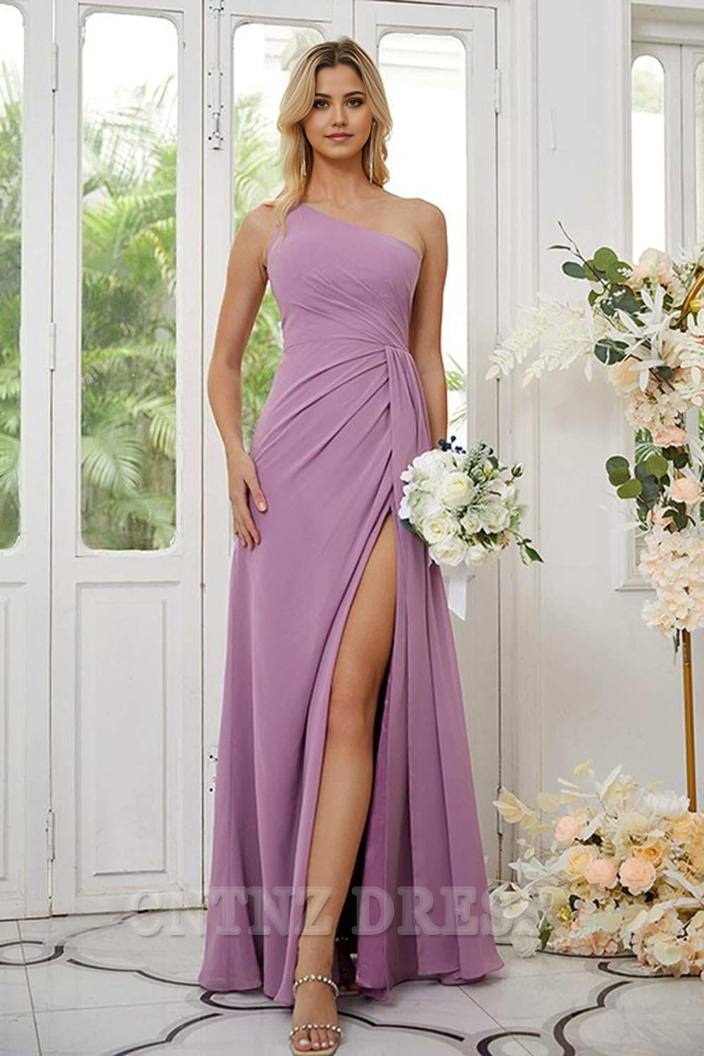 Wholesa A Line One Shoulder Ruched Chiffon formal dresses Bridesmaid Dresses evening gown Prom Dress with Slit
