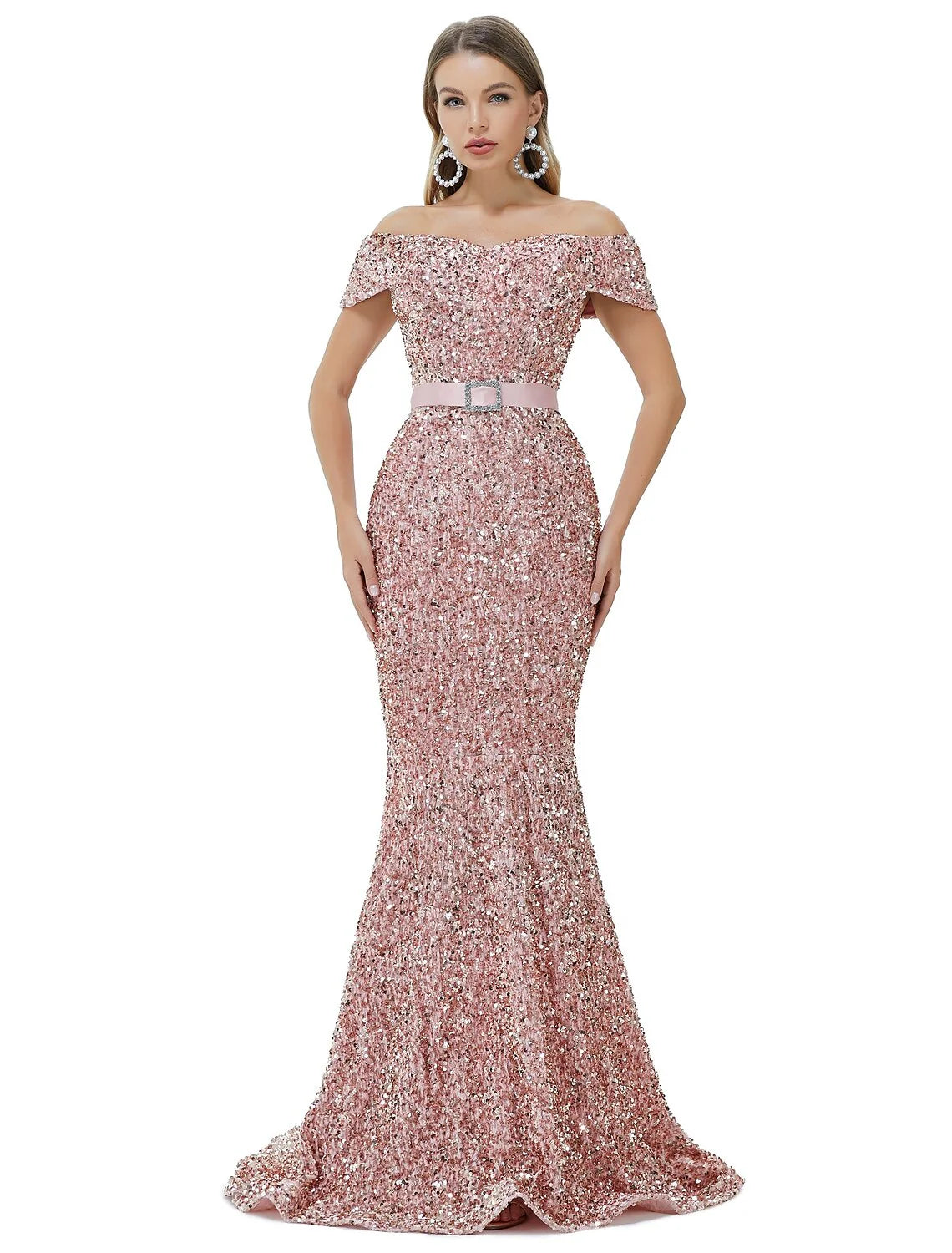 Wholesa Mermaid / Trumpet Sparkle bodycon Engagement Formal Evening Dress Off Shoulder Cowl Back Sleeveless Court Train Sequined with Sequin