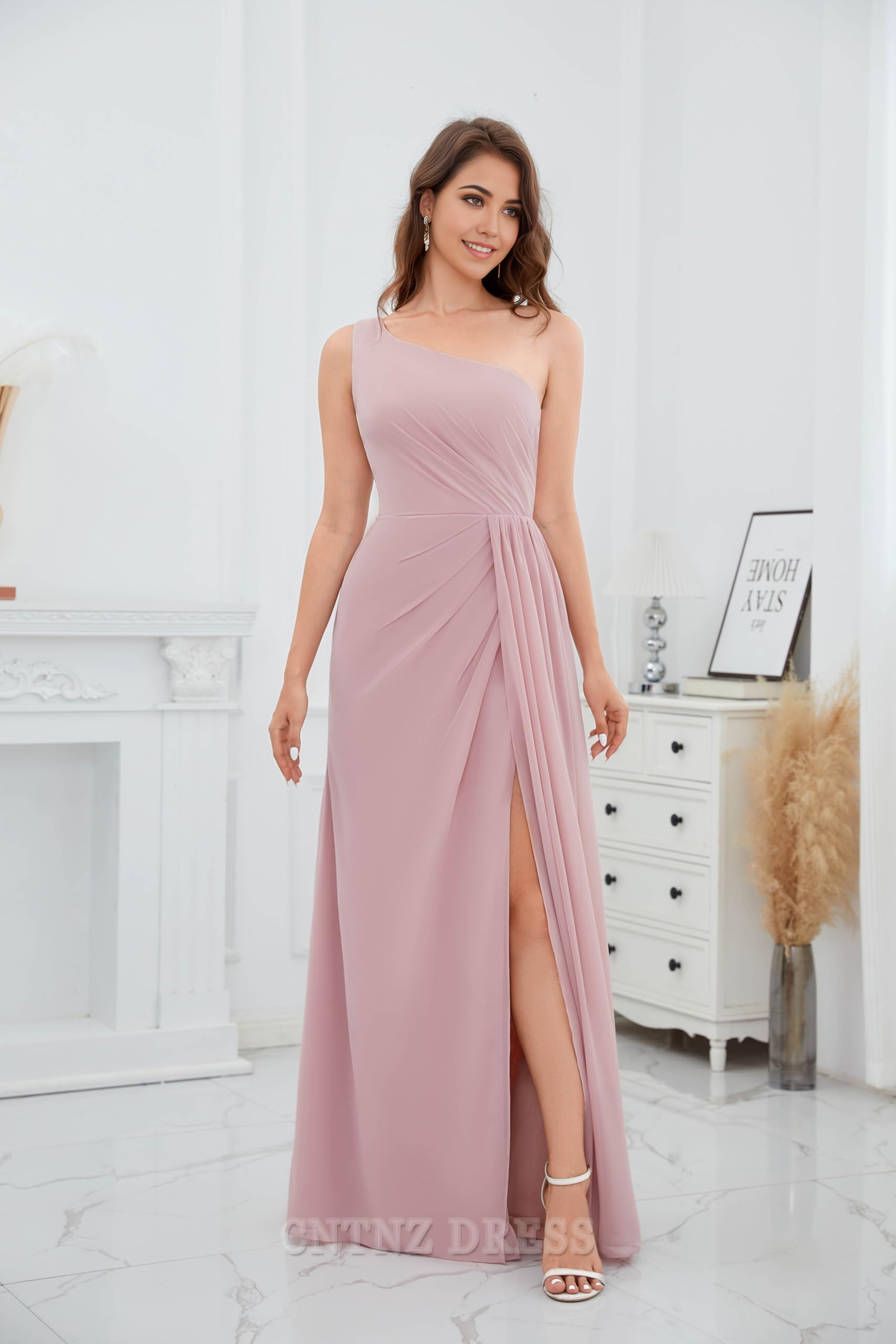 Wholesa A Line One Shoulder Ruched Chiffon formal dresses Bridesmaid Dresses evening gown Prom Dress with Slit