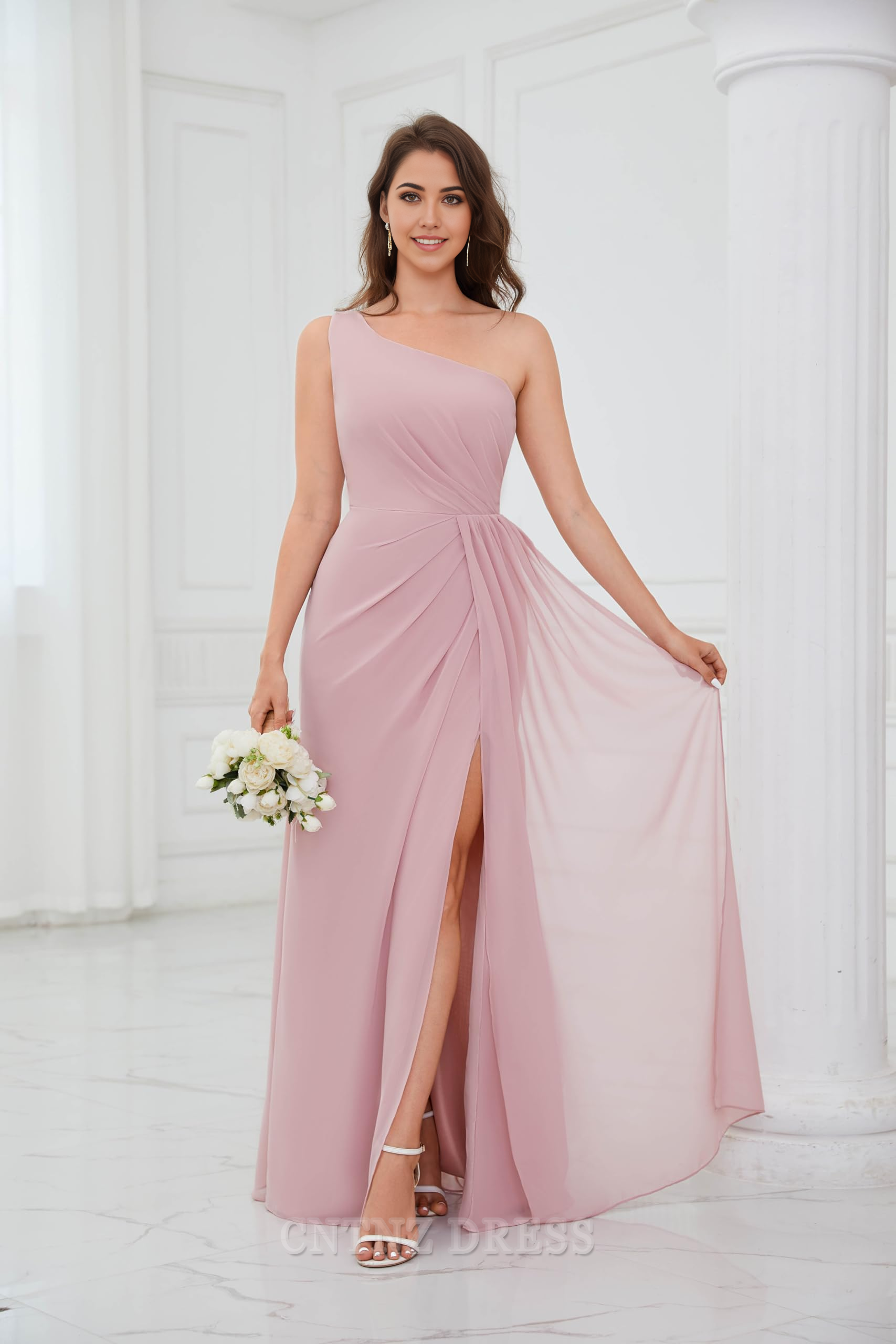 Wholesa A Line One Shoulder Ruched Chiffon formal dresses Bridesmaid Dresses evening gown Prom Dress with Slit