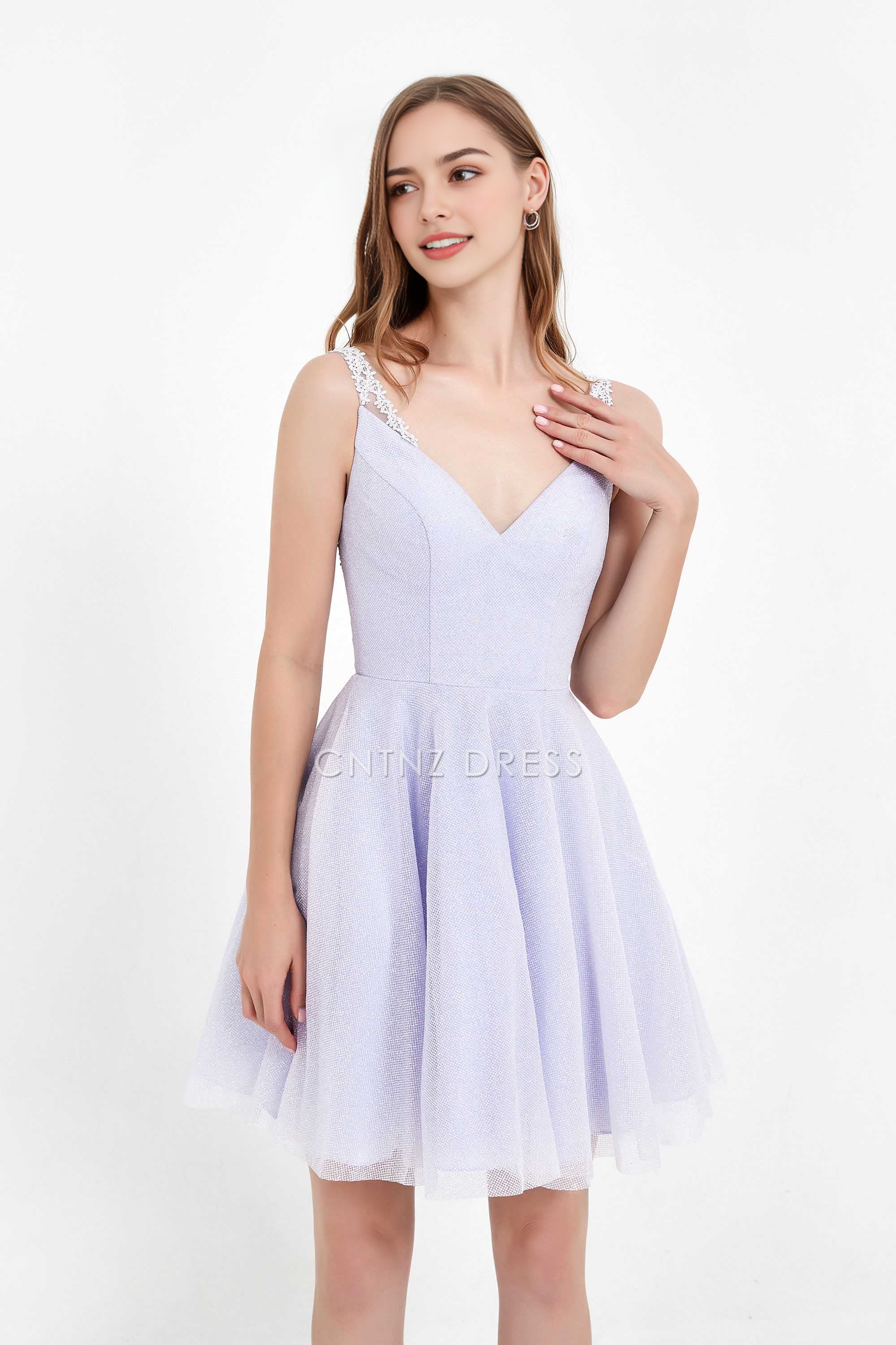 CNTNZ DRESS Fashion A Line V-neck Backless Glitter Tulle Charming Short Dress Hot Sale Homecoming Dress