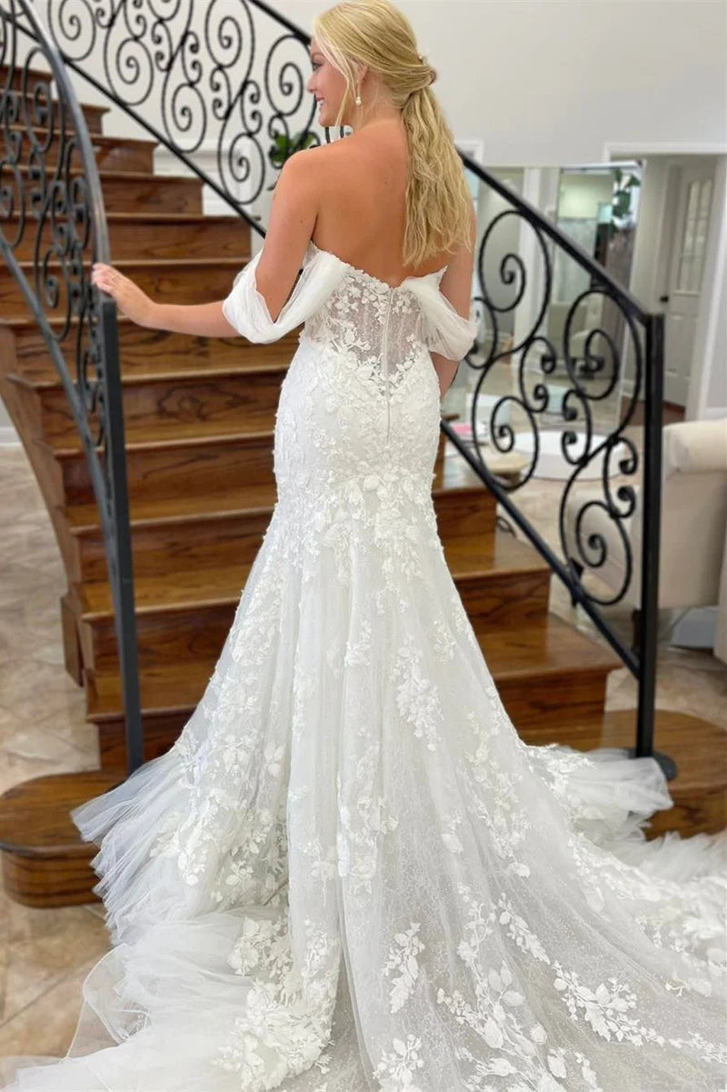 Wholesa Mermaid Off-the-Shoulder Tulle Appliques Long Wedding Dress