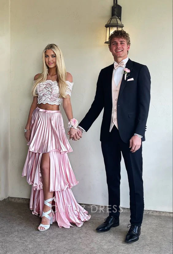 Wholesa Two Piece A-line Pink Pleated formal dresses Bridesmaid Dresses evening gown Prom Dress With Split