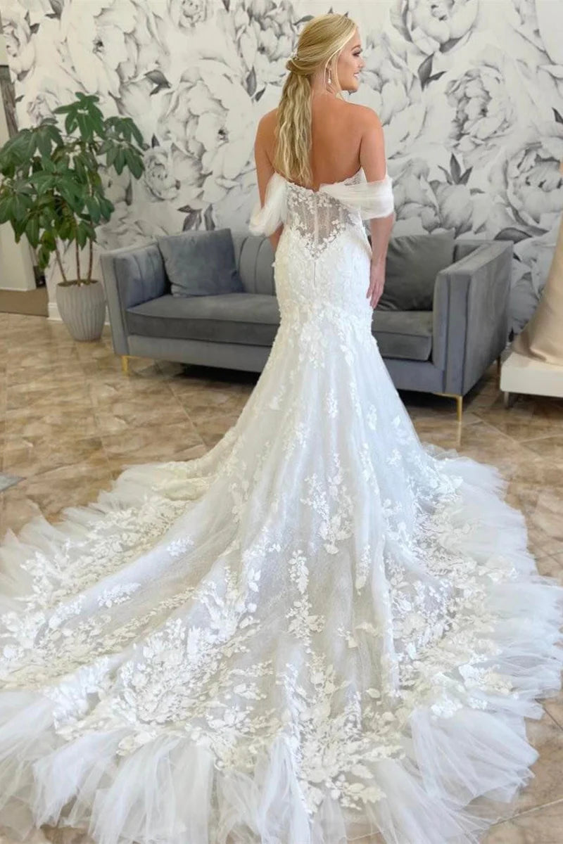Wholesa Mermaid Off-the-Shoulder Tulle Appliques Long Wedding Dress