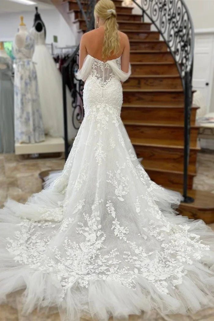 Wholesa Mermaid Off-the-Shoulder Tulle Appliques Long Wedding Dress