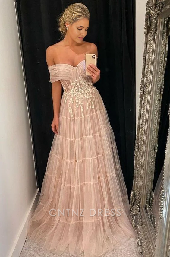 Wholesa A-line Elegant Off The Shoulder Pink Tulle formal dresses Bridesmaid Dresses evening gown Prom Dress