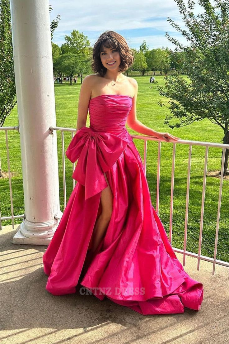 Wholesa A-line Strapless Satin Tiered Hot Pink Long formal dresses Bridesmaid Dresses evening gown Prom Dress