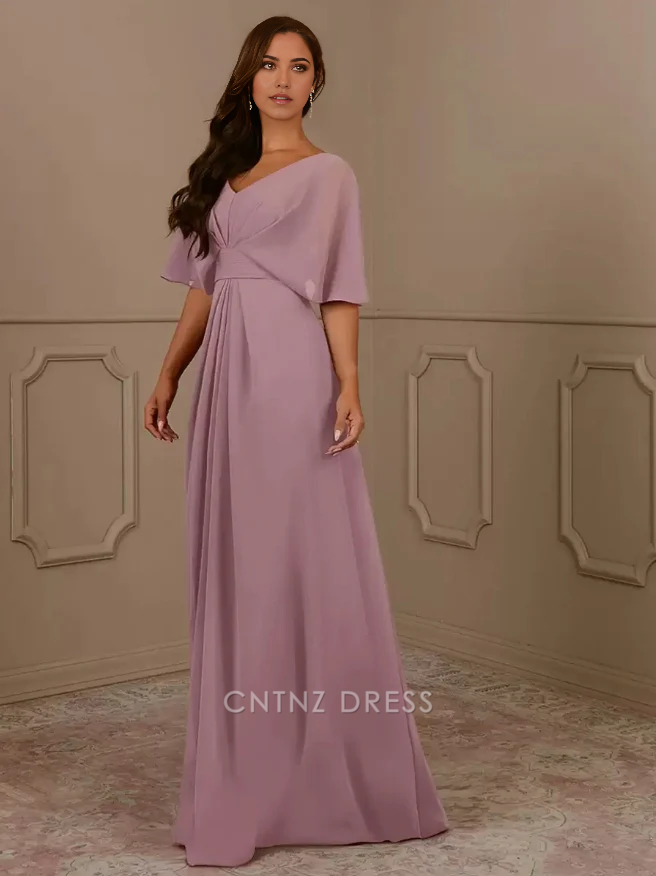 Wholesa A-Line V-Neck Short Sleeves Chiffon Pleated Wedding Guest Dresses Mother of the Bride Dresse