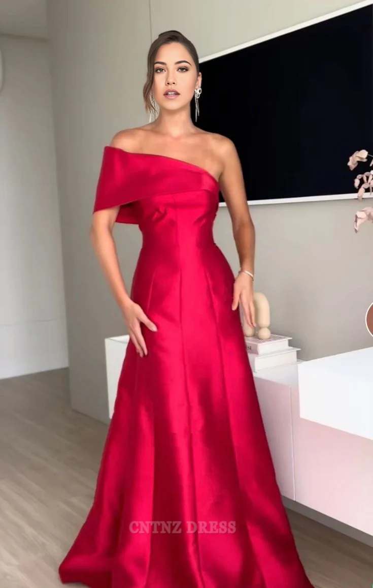 Wholesa A line One Shoulder Red Satin Long formal dresses Bridesmaid Dresses evening gown Prom Dress