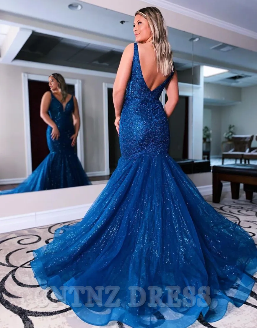Wholesa Mermaid V-Neck Long Navy Blue formal dresses evening gown Prom Dress With Beading
