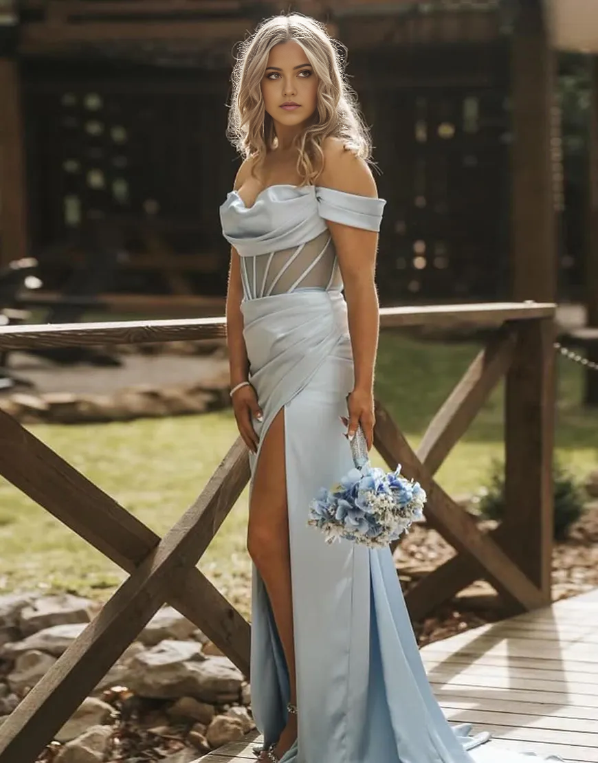 Wholesa Mermaid Off the Shoulder Corset Ruched Satin Long formal dresses Bridesmaid Dresses evening gown Prom Dress with Slit