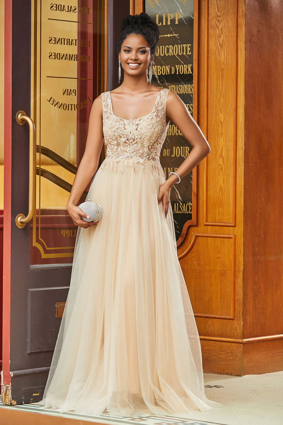 Exquisite A-Line Square Neck Sleeveless Lace Applique Sparkle Tulle Long Party Dress Hot Sale Prom Dresses