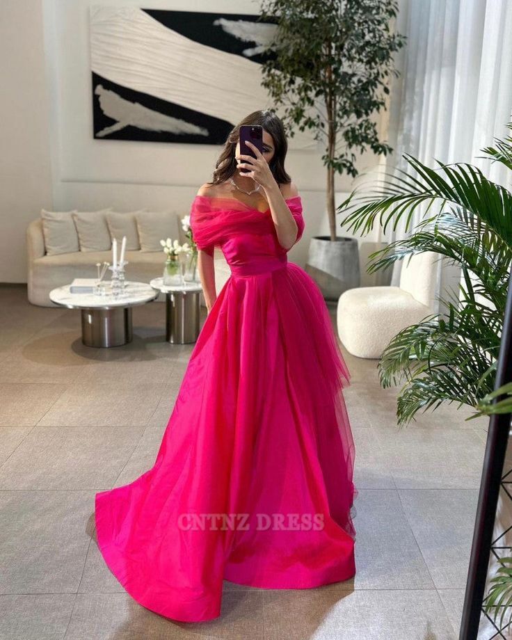 Wholesa A-Line Off the Shoulder Hot Pink formal dresses Bridesmaid Dresses evening gown Prom Dress