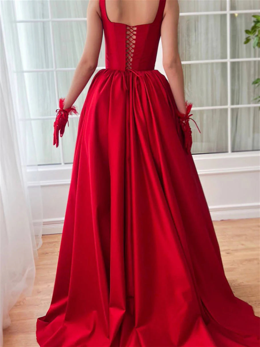 Wholesa A-Line Square Neck Spaghetti Straps Sleeveless Floor-Length Prom Dresses