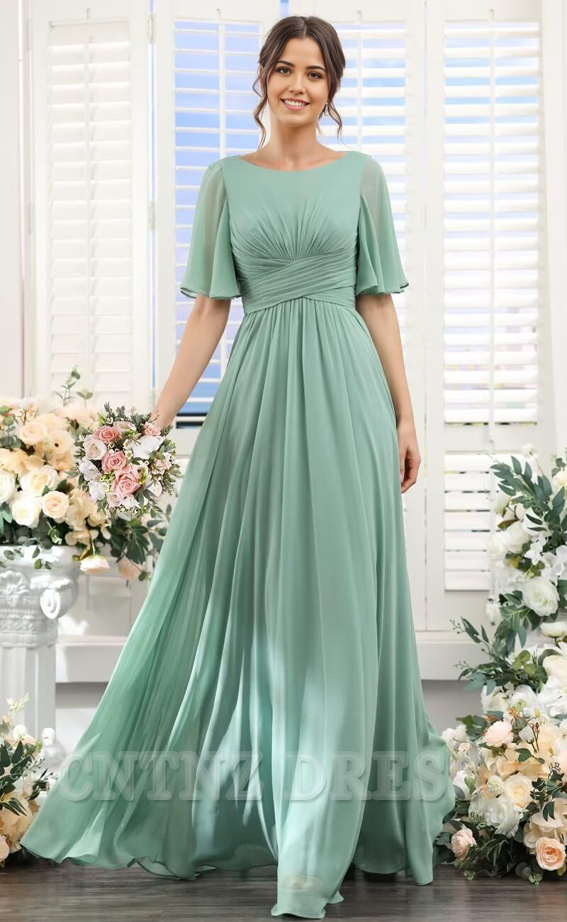 Wholesa A-Line Scoop Neck Sleeve Chiffon formal dresses Bridesmaid Dresses evening gown Prom Dress with Slit
