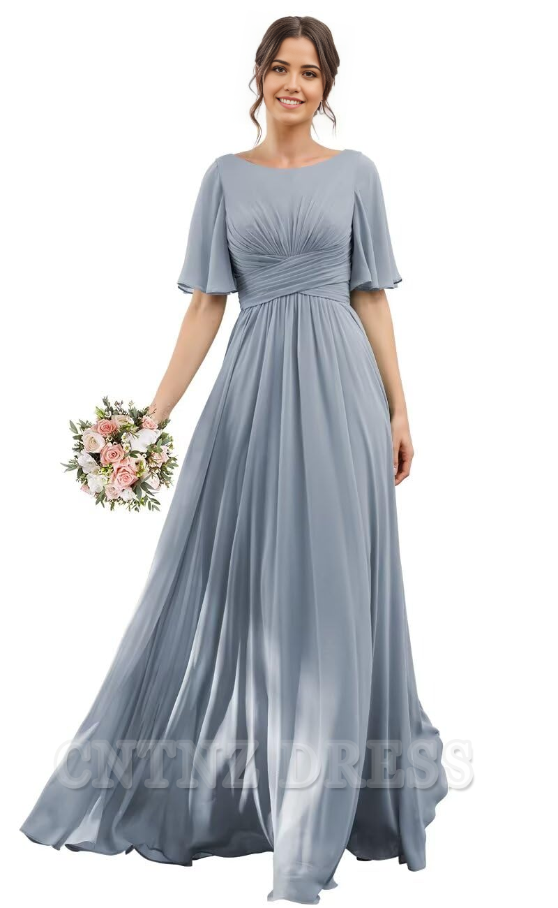 Wholesa A-Line Scoop Neck Sleeve Chiffon formal dresses Bridesmaid Dresses evening gown Prom Dress with Slit