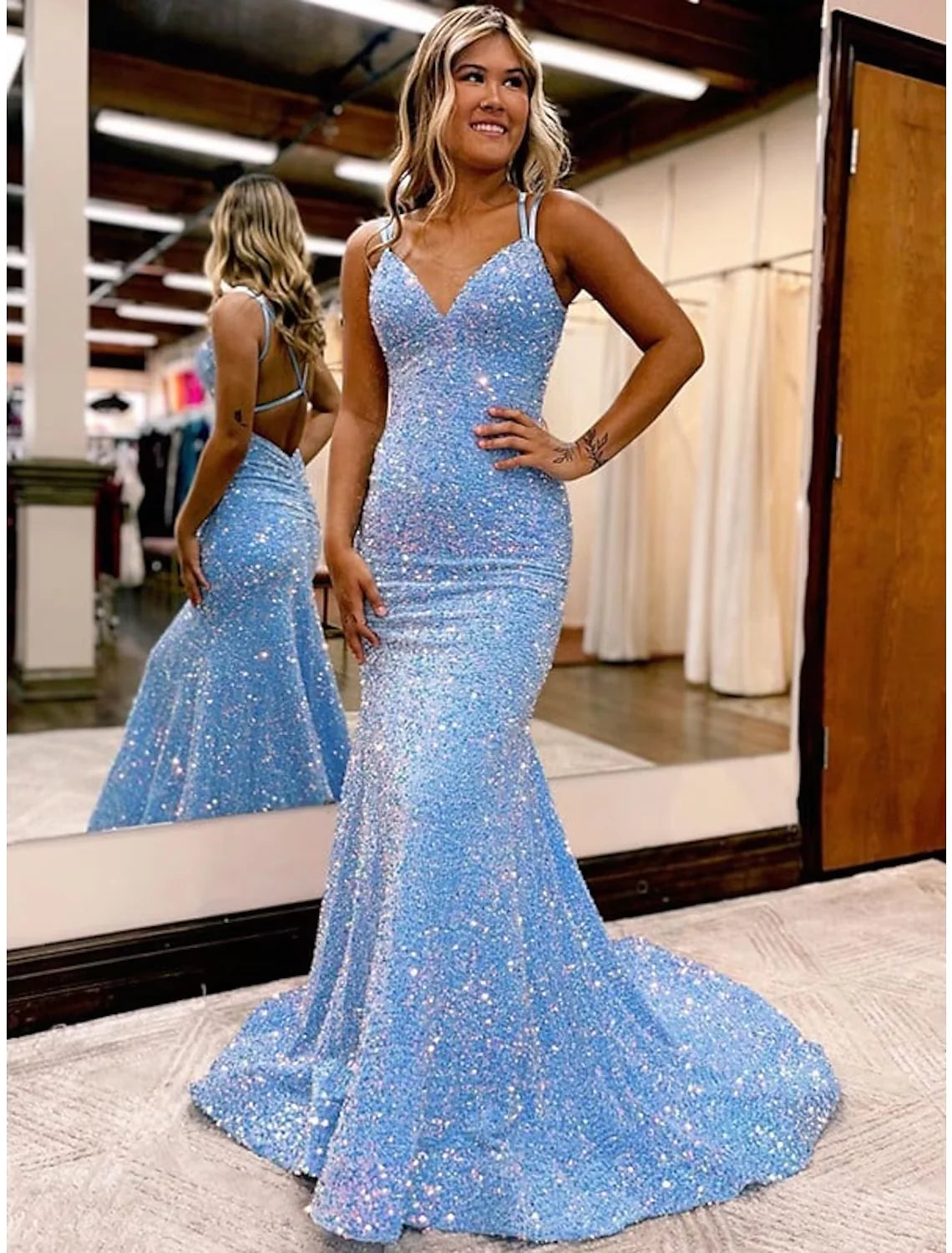 Wholesa Sheath/Column Velvet Sequins Ruched V-neck Sleeveless Sweep/Brush Train Dresses