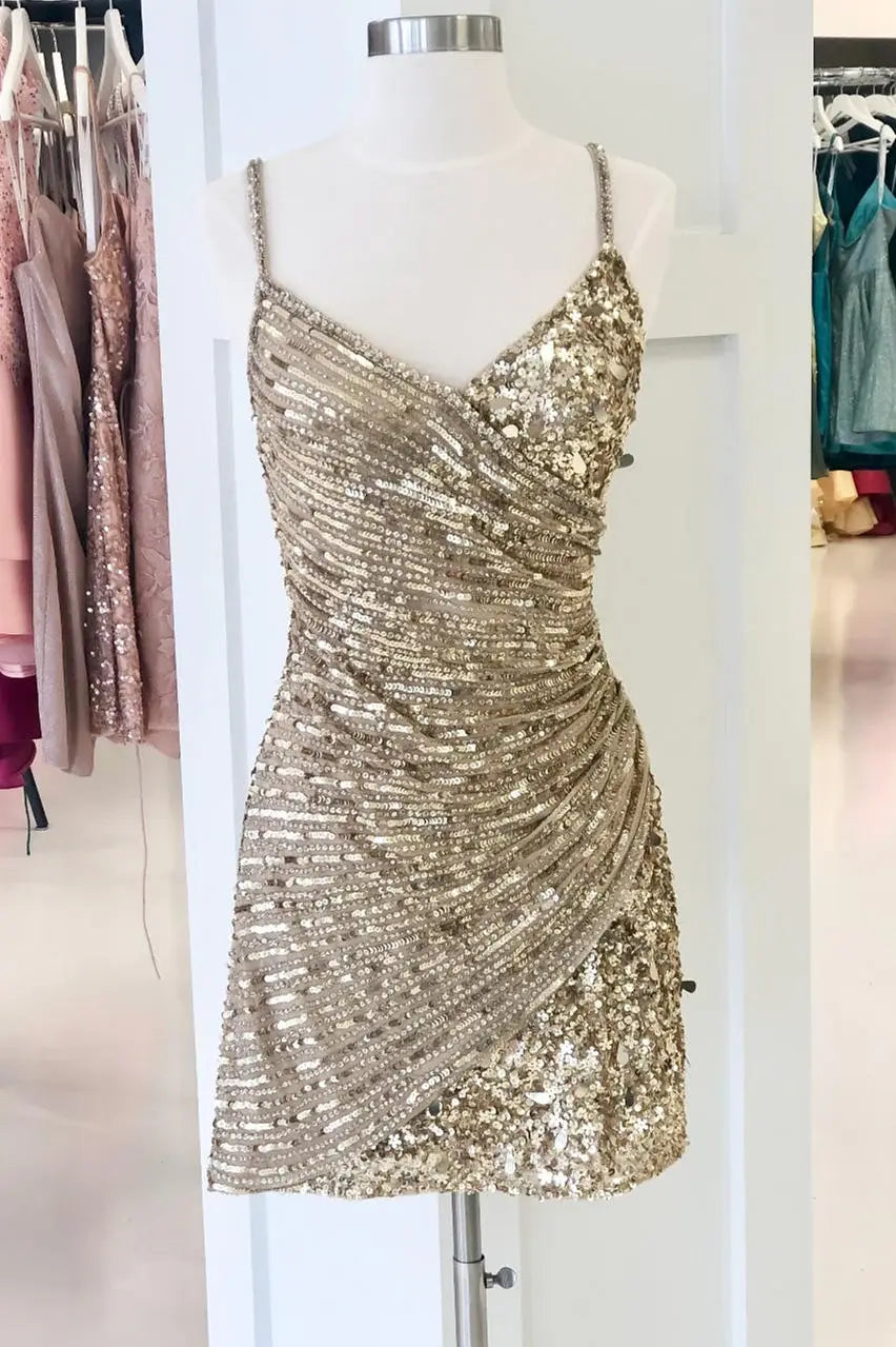 CNTNZ DRESS Hot Sale Homecoming Dress Sequin Sheath Spaghetti Strap V Neck Sparkle Charming Short Dress