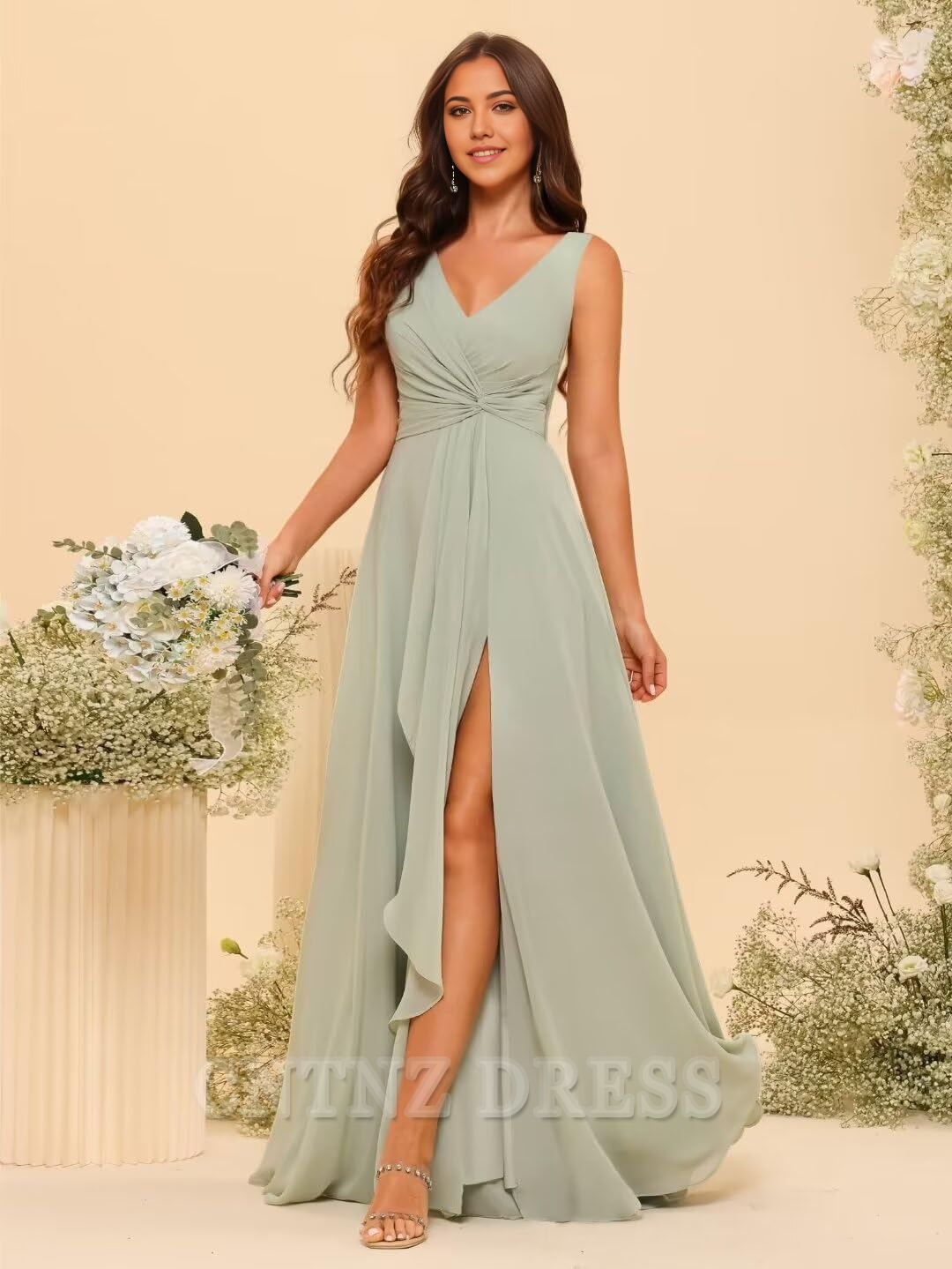 Wholesa A-line V-Neck Ruffles Long Chiffon formal dresses Bridesmaid Dresses evening gown Prom Dress with Slit