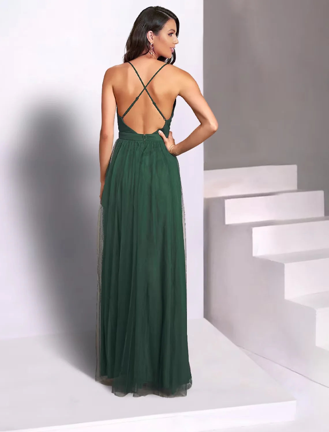 Wholesa A-Line Wedding Guest Dresses Casual Dress Party Wear Floor Length Sleeveless Spaghetti Strap Tulle with Pleats