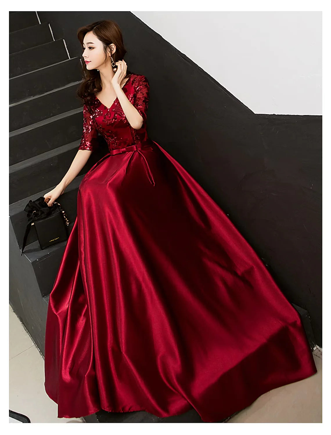 Wholesa A-Line Sparkle Elegant Wedding Guest Prom Formal Evening Dress V Neck Half Sleeve Floor Length Satin