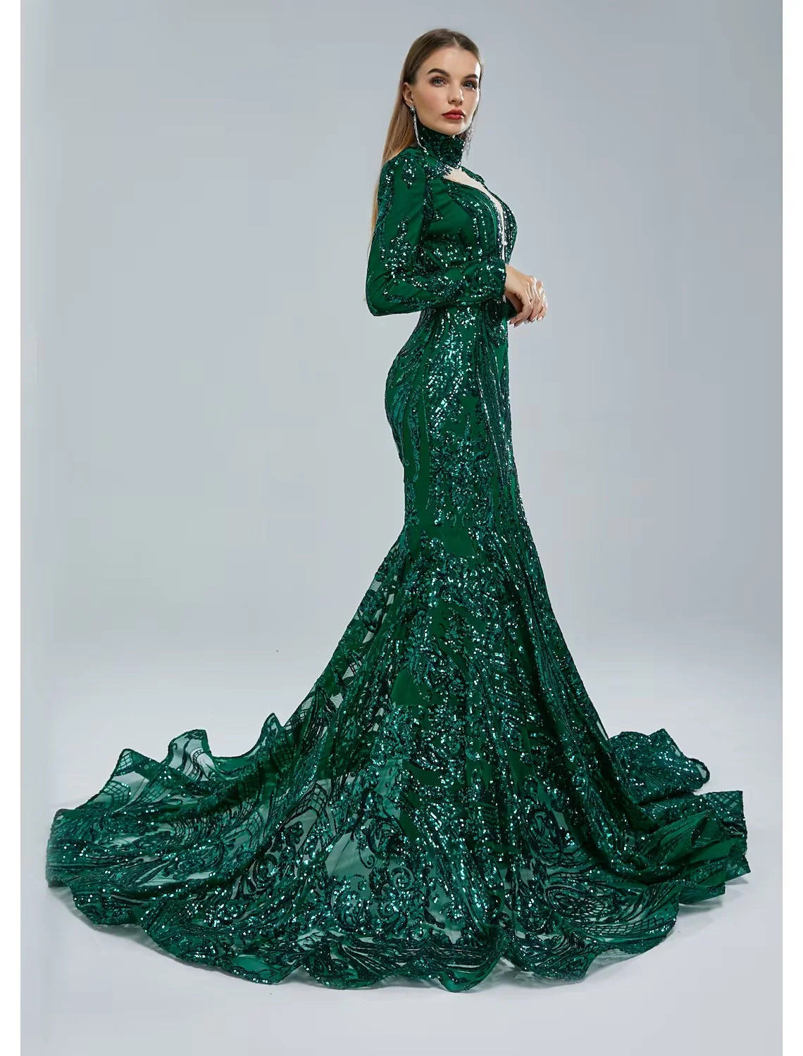Wholesa Mermaid / Trumpet Evening Gown Elegant Dress Engagement Court Train Long Sleeve Stand Collar Lace with Sequin