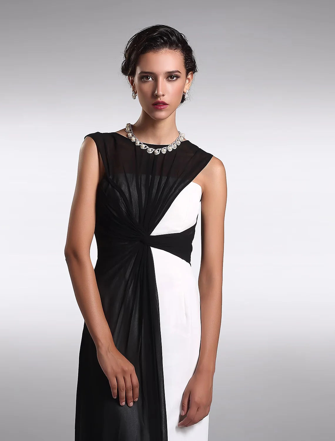 Wholesa Sheath / Column Little Black Prom Dress Wedding Guest Floor Length Sleeveless Jewel Neck Georgette V Back with Ruched