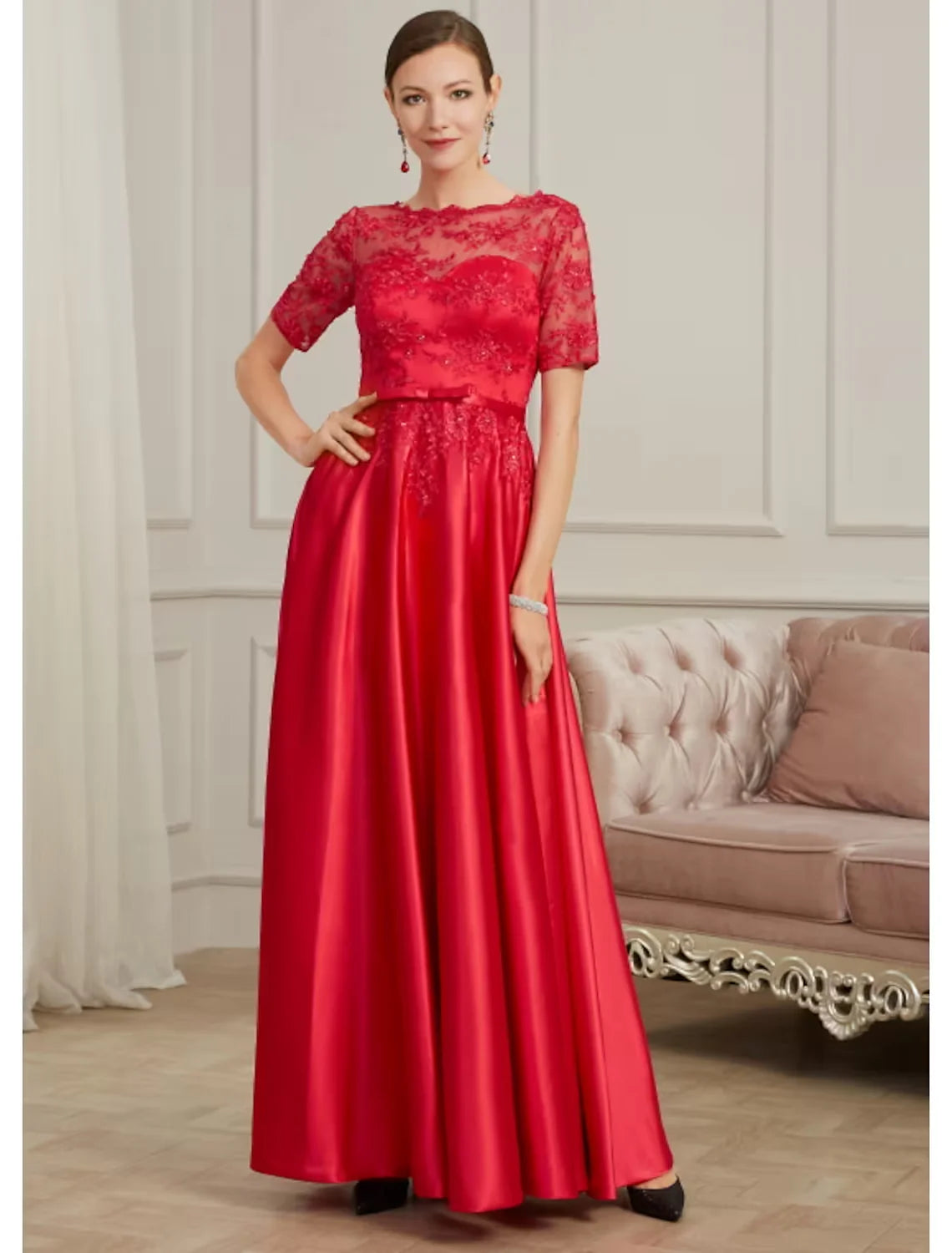 Wholesa A-Line Evening Gown Elegant Dress Wedding Guest Floor Length Short Sleeve Jewel Neck Polyester with Pleats Beading Appliques