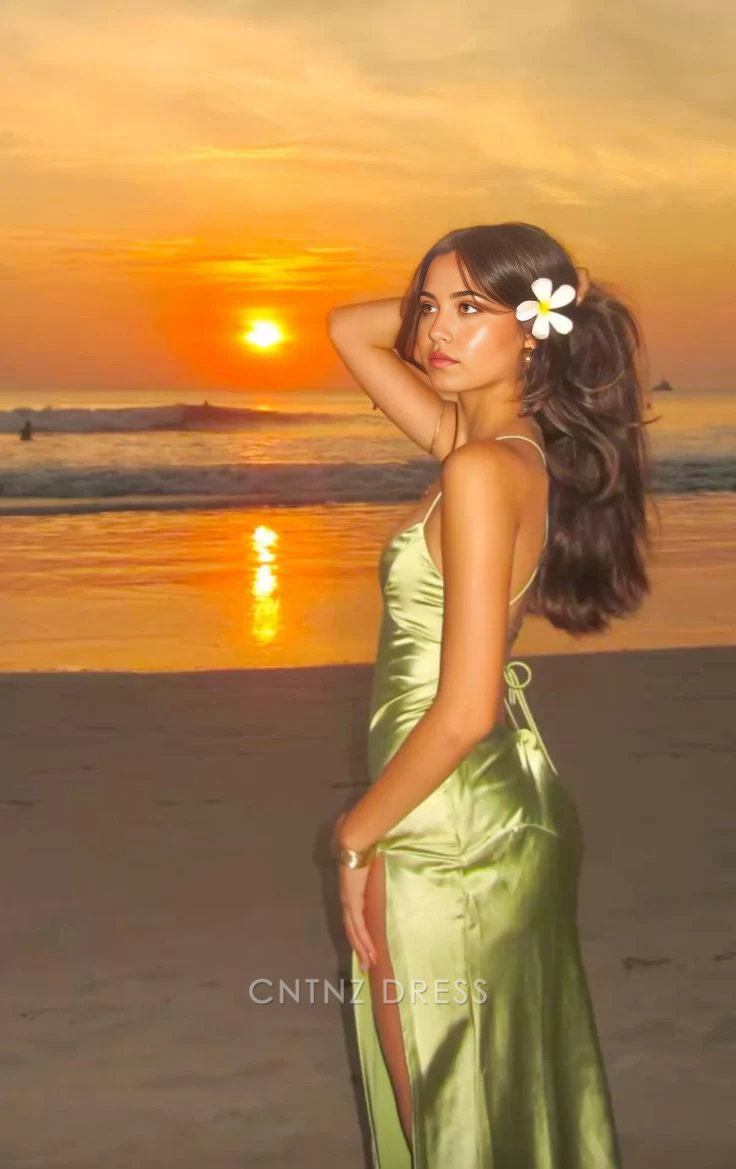 Wholesa Sheath Simple V-Neck Spaghetti Straps Green Slit Satin Long formal dresses Bridesmaid Dresses evening gown Prom Dress