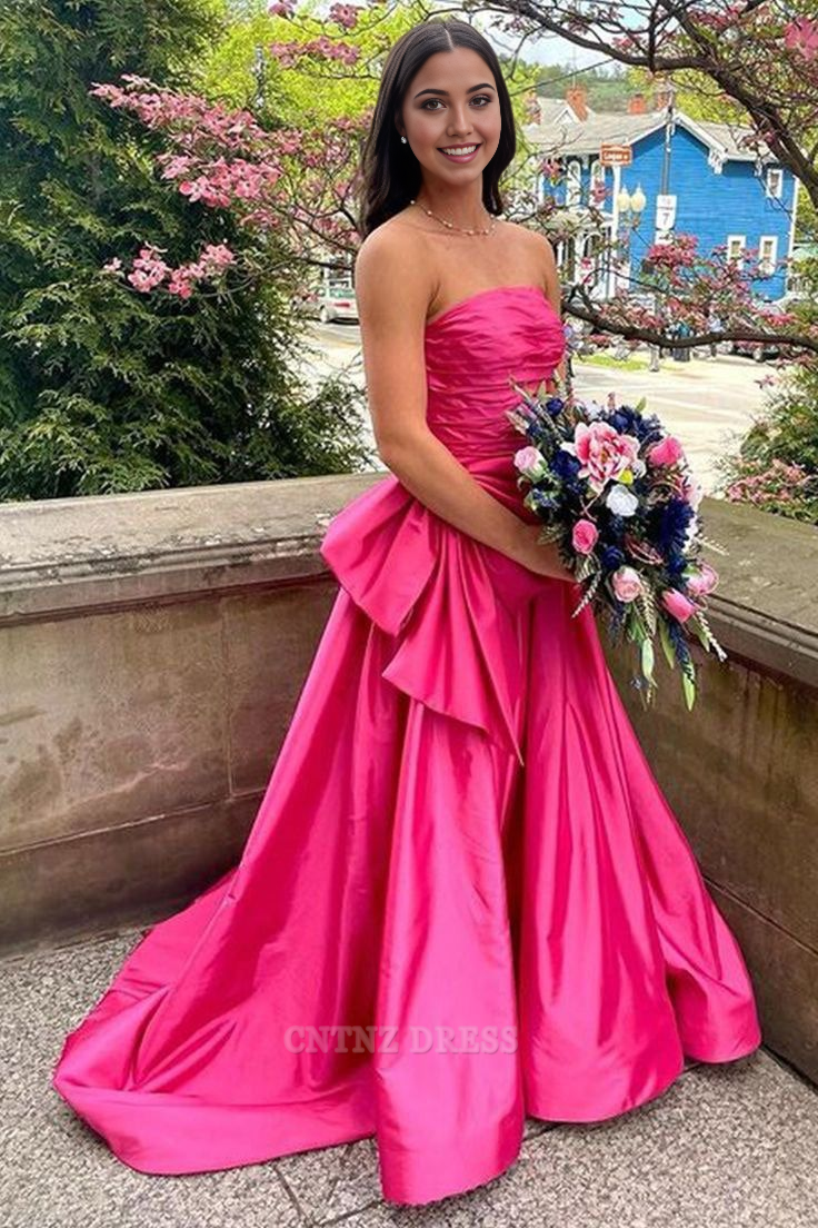 Wholesa A-line Strapless Satin Tiered Hot Pink Long formal dresses Bridesmaid Dresses evening gown Prom Dress
