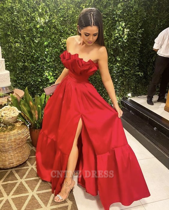 Wholesa A line Strapless Red Satin Slit Long formal dresses Bridesmaid Dresses evening gown Prom Dress