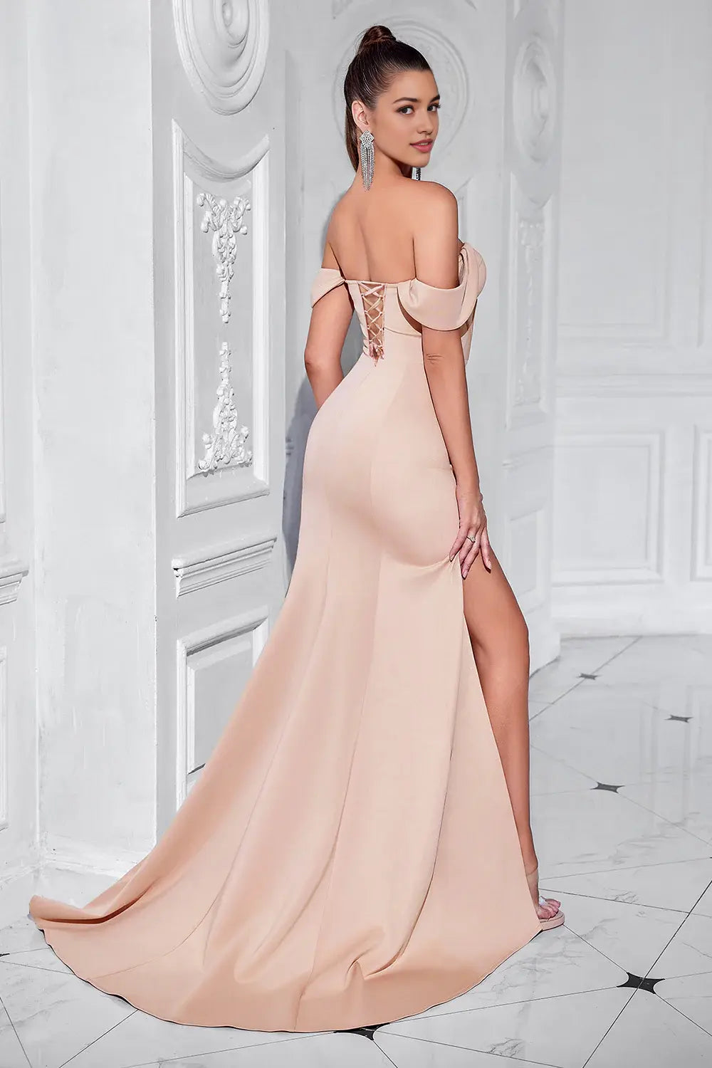 Blush Mermaid Corset Sweetheart Neckline Off the Shoulder Backless with Slit Long Charming Prom Dress For Women Formal Dress