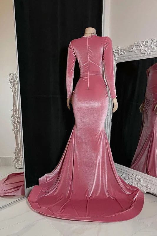 Pink Mermaid V Neck Long Sleeve Beadwork Simple With High Slit Pleated Elegant Evening Gowns Charming Long Prom Dress