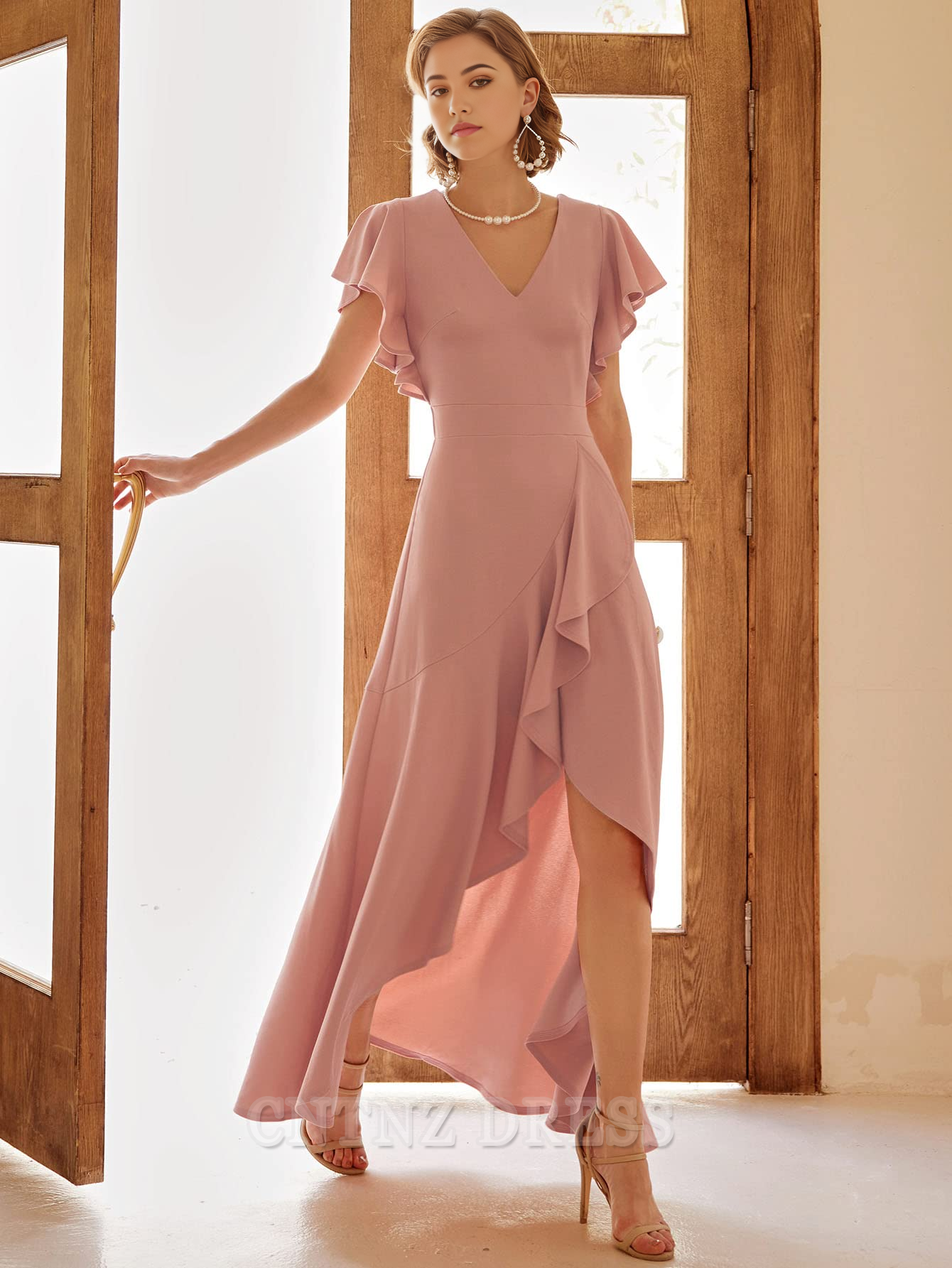 Wholesa A-line V Neck Ruffle Split formal dresses Bridesmaid Dresses evening gown Prom Dress