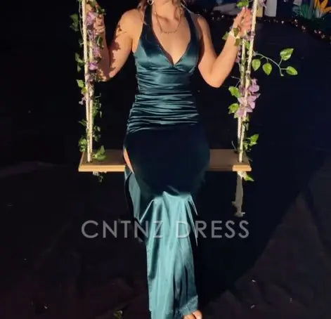 Wholesa Sheath Vintage V-Neck Green Backless Slit formal dresses Bridesmaid Dresses evening gown Prom Dress