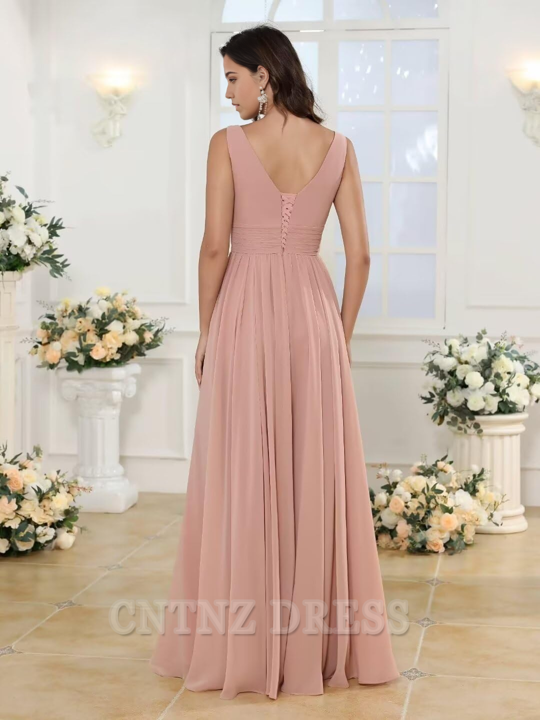Wholesa A-line V-Neck Ruffles Long Chiffon formal dresses Bridesmaid Dresses evening gown Prom Dress with Slit