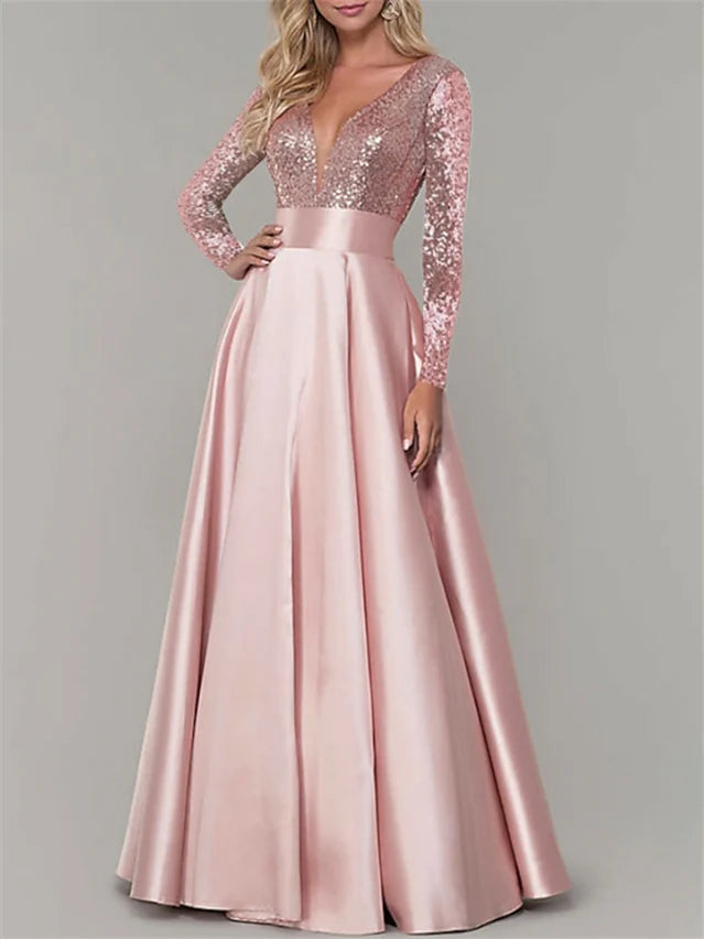 Wholesa A-Line V Neck Long Sleeves Floor-Length Evening Dresses