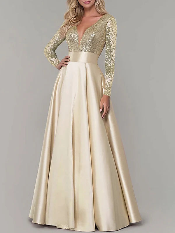 Wholesa A-Line V Neck Long Sleeves Floor-Length Evening Dresses